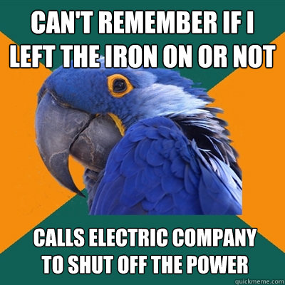 Can't remember if I left the iron on or not Calls electric company to shut off the power  Paranoid Parrot