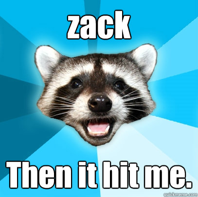 zack Then it hit me.  Lame Pun Coon