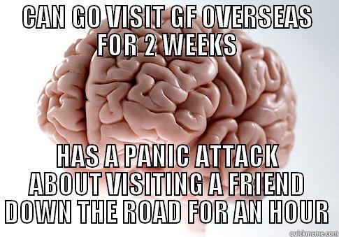 CAN GO VISIT GF OVERSEAS FOR 2 WEEKS HAS A PANIC ATTACK ABOUT VISITING A FRIEND DOWN THE ROAD FOR AN HOUR Scumbag Brain