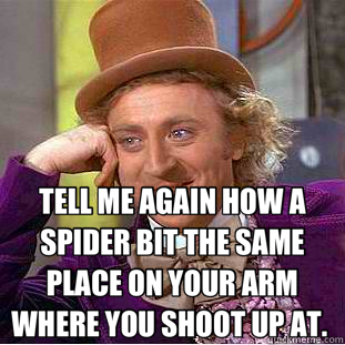  TELL ME AGAIN HOW A SPIDER BIT THE SAME PLACE ON YOUR ARM WHERE YOU SHOOT UP AT.   Creepy Wonka