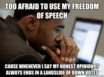 too afraid to use my freedom of speech cause whenever i say my honest opinion, it always ends in a landslide of down votes - too afraid to use my freedom of speech cause whenever i say my honest opinion, it always ends in a landslide of down votes  Misc