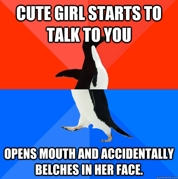 cute girl starts to talk to you opens mouth and accidentally belches in her face.  Socially Awesome Awkward Penguin