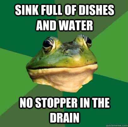 Sink full of dishes and water no stopper in the drain  Foul Bachelor Frog