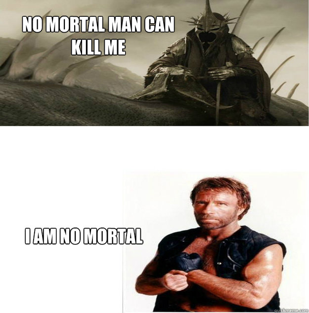 No mortal man can
kill me I am no mortal  Chuck vs Nazgul king