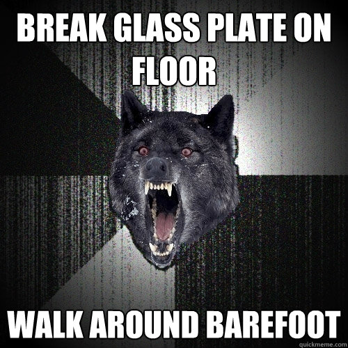 Break Glass Plate on Floor walk around barefoot  Insanity Wolf