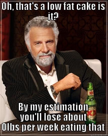 OH, THAT'S A LOW FAT CAKE IS IT? BY MY ESTIMATION YOU'LL LOSE ABOUT 0LBS PER WEEK EATING THAT The Most Interesting Man In The World