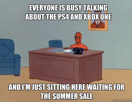 Everyone is busy talking about the ps4 and xbox one And I'm just sitting here waiting for the summer sale  masturbating spiderman