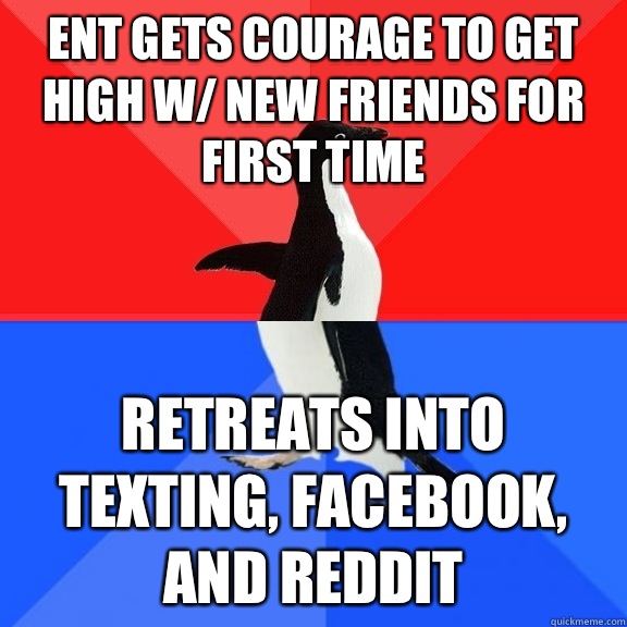 ENT gets courage to get high w/ new friends for first time Retreats into texting, facebook, and reddit  Socially Awksome Penguin