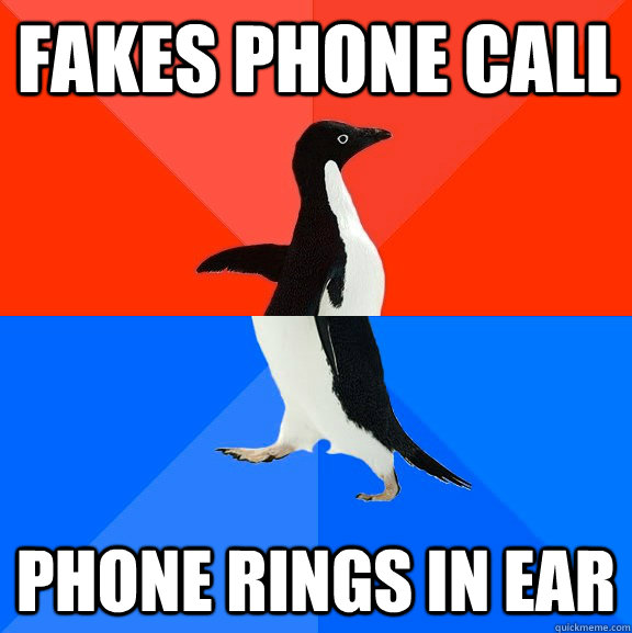 Fakes phone call Phone rings in ear  Socially Awesome Awkward Penguin