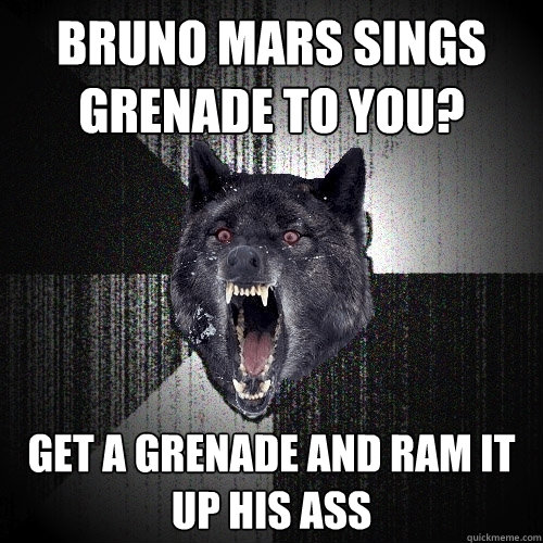 Bruno mars sings grenade to you? Get a grenade and ram it up his ass  Insanity Wolf