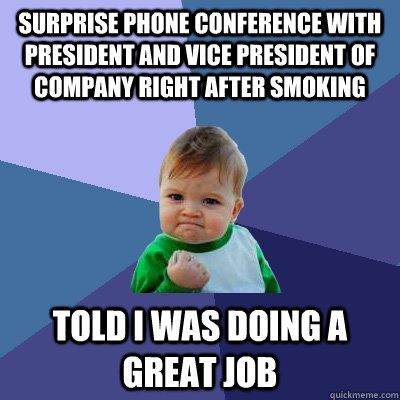 surprise phone conference with president and vice president of company right after smoking told i was doing a great job - surprise phone conference with president and vice president of company right after smoking told i was doing a great job  Success Kid