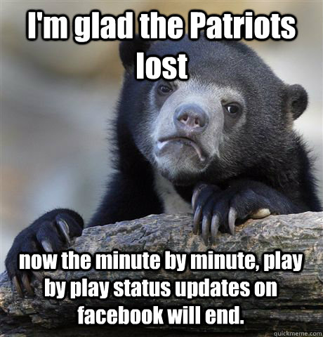 I'm glad the Patriots lost now the minute by minute, play by play status updates on facebook will end.  Confession Bear