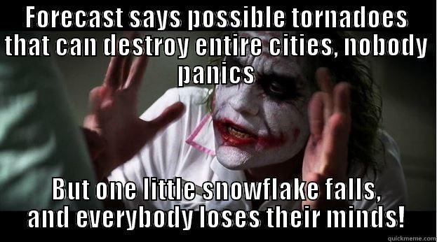 Weather in Oklahoma - FORECAST SAYS POSSIBLE TORNADOES THAT CAN DESTROY ENTIRE CITIES, NOBODY PANICS BUT ONE LITTLE SNOWFLAKE FALLS, AND EVERYBODY LOSES THEIR MINDS! Joker Mind Loss