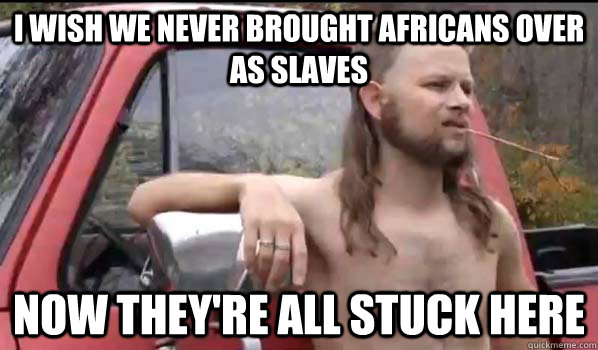 I wish we never brought Africans over as slaves Now they're all stuck here  Almost Politically Correct Redneck