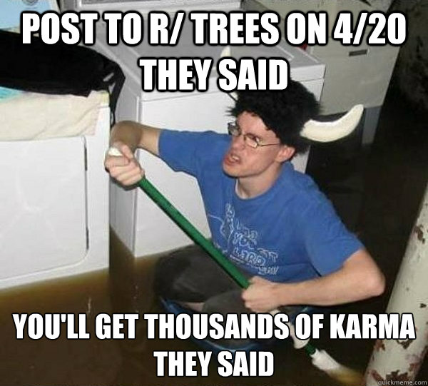 Post to r/ trees on 4/20 they said You'll get thousands of karma 
they said  They said