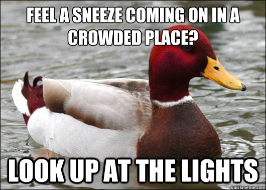 Feel a sneeze coming on in a crowded place?
 look up at the lights  Malicious Advice Mallard