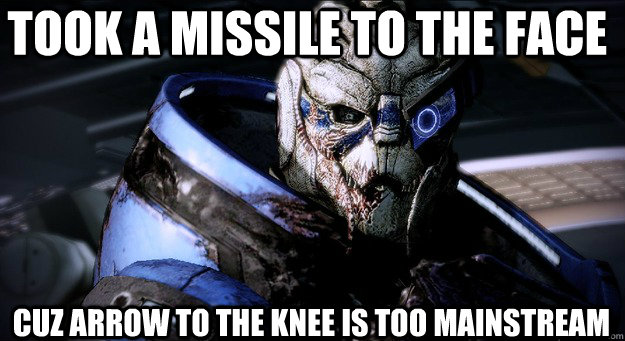 took a missile to the face cuz arrow to the knee is too mainstream  Garrus Took An Arrow To The Knee