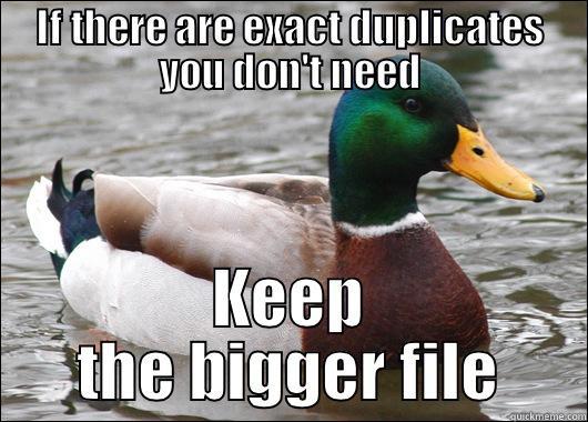 IF THERE ARE EXACT DUPLICATES YOU DON'T NEED KEEP THE BIGGER FILE Actual Advice Mallard
