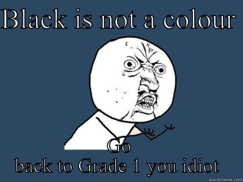 BLACK IS NOT A COLOUR  GO BACK TO GRADE 1 YOU IDIOT  Y U No