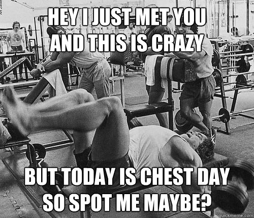 Hey i just met you
and this is crazy But today is chest day
so spot me maybe? - Hey i just met you
and this is crazy But today is chest day
so spot me maybe?  chest day