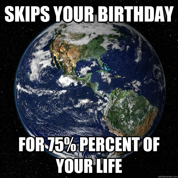 Skips your birthday  for 75% percent of your life - Skips your birthday  for 75% percent of your life  Scumbag Earth