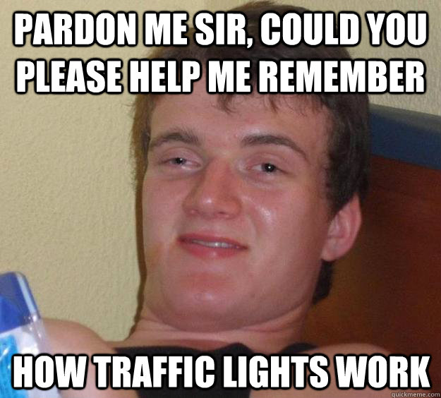 Pardon me sir, could you please help me remember how traffic lights work  10 Guy