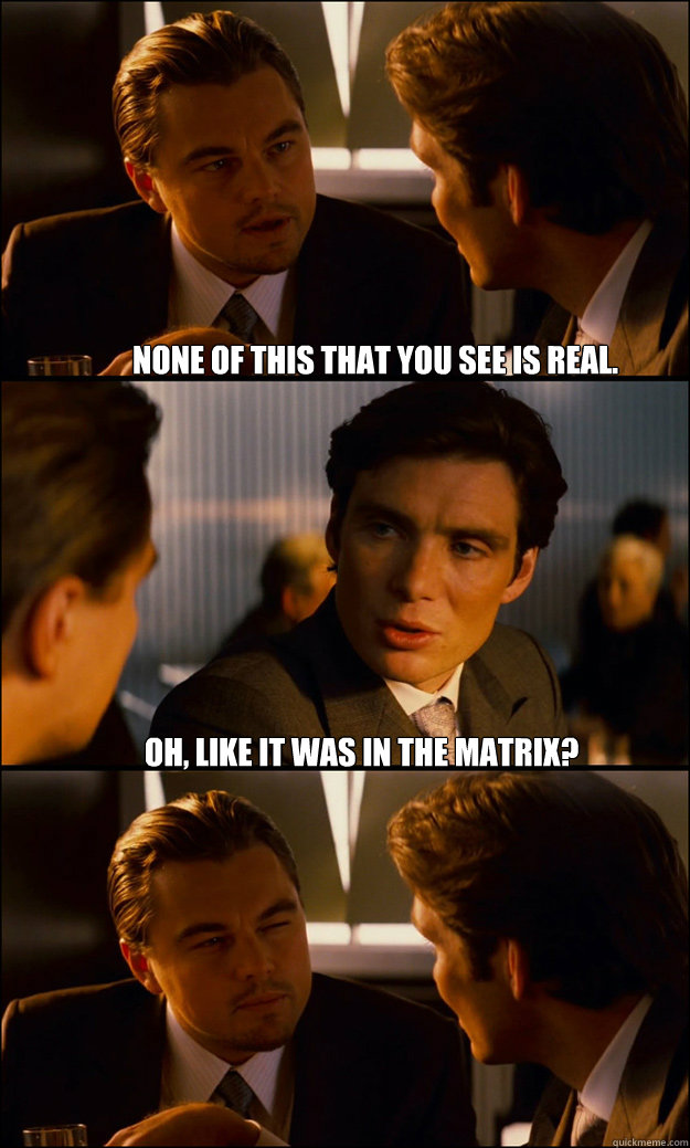 None of this that you see is real. Oh, like it was in the Matrix?   Inception