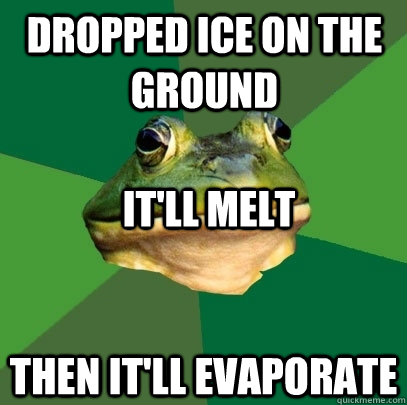 dropped ice on the ground then it'll evaporate it'll melt  Foul Bachelor Frog