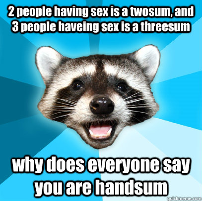 2 people having sex is a twosum, and 3 people haveing sex is a threesum why does everyone say you are handsum  Lame Pun Coon
