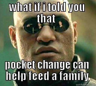 WHAT IF I TOLD YOU THAT  POCKET CHANGE CAN HELP FEED A FAMILY Matrix Morpheus