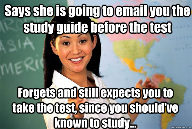 Says she is going to email you the study guide before the test Forgets and still expects you to take the test, since you should've known to study...  Unhelpful High School Teacher