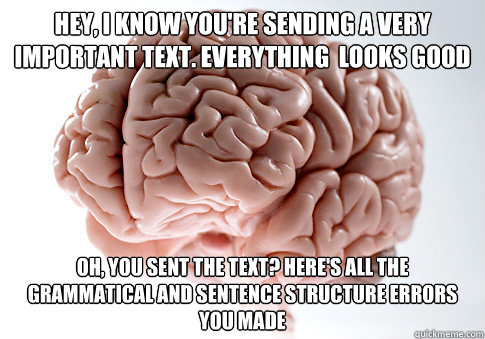 HEY, I KNOW YOU'RE SENDING A VERY IMPORTANT TEXT. EVERYTHING  LOOKS GOOD  OH, YOU SENT THE TEXT? HERE'S ALL THE GRAMMATICAL AND SENTENCE STRUCTURE ERRORS YOU MADE    Scumbag Brain