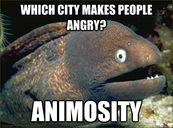 Which city makes people angry? animosity  Bad Joke Eel