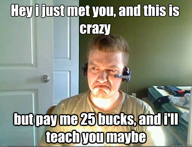 Hey i just met you, and this is crazy
 but pay me 25 bucks, and i'll teach you maybe  AngryTestie