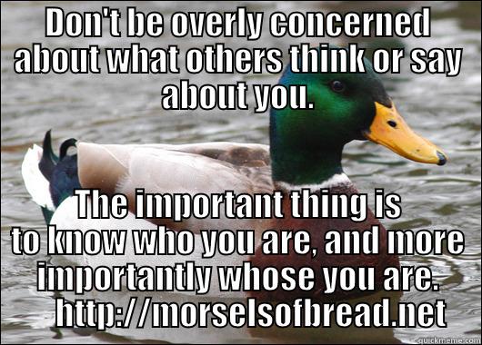 DON'T BE OVERLY CONCERNED ABOUT WHAT OTHERS THINK OR SAY ABOUT YOU. THE IMPORTANT THING IS TO KNOW WHO YOU ARE, AND MORE IMPORTANTLY WHOSE YOU ARE.     HTTP://MORSELSOFBREAD.NET Actual Advice Mallard