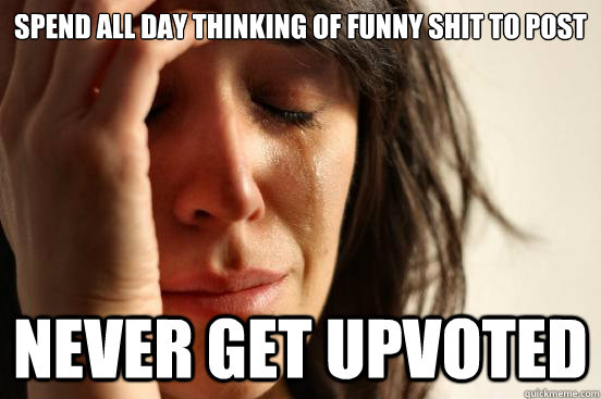 spend all day thinking of funny shit to post NEVER GET UPVOTED  First World Problems