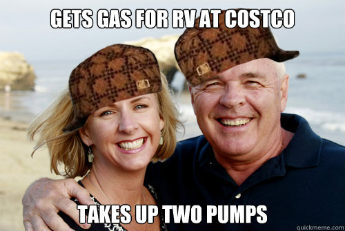 Gets gas for RV at Costco Takes up two pumps  