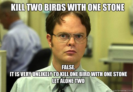 Kill two birds with one stone FALSE.  
It is very unlikely to kill one bird with one stone 
let alone two - Kill two birds with one stone FALSE.  
It is very unlikely to kill one bird with one stone 
let alone two  Schrute