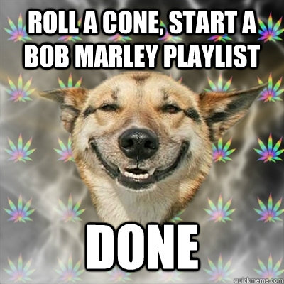 roll a cone, Start a bob marley playlist done  Stoner Dog