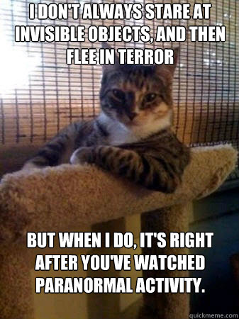 i don't always stare at invisible objects, and then flee in terror but when i do, it's right after you've watched Paranormal Activity.  The Most Interesting Cat in the World