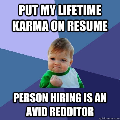 Put my lifetime karma on resume person hiring is an avid redditor  Success Kid