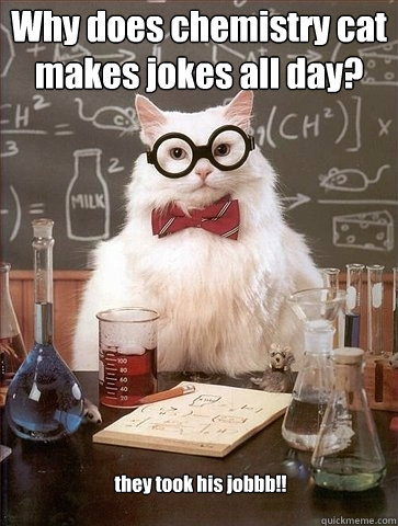 Why does chemistry cat makes jokes all day? they took his jobbb!!  Chemistry Cat