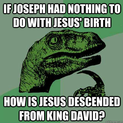 If Joseph had nothing to do with Jesus' birth How is Jesus descended from King David? - If Joseph had nothing to do with Jesus' birth How is Jesus descended from King David?  Philosoraptor