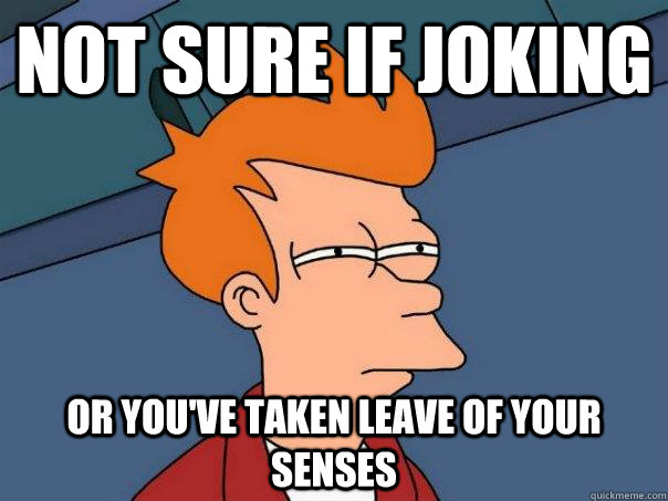 Not sure if joking Or you've taken leave of your senses  Futurama Fry