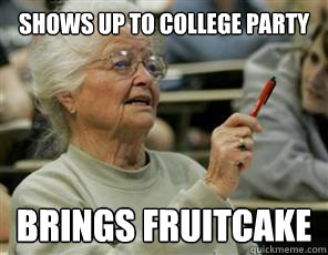 shows up to college party brings fruitcake  Senior College Student