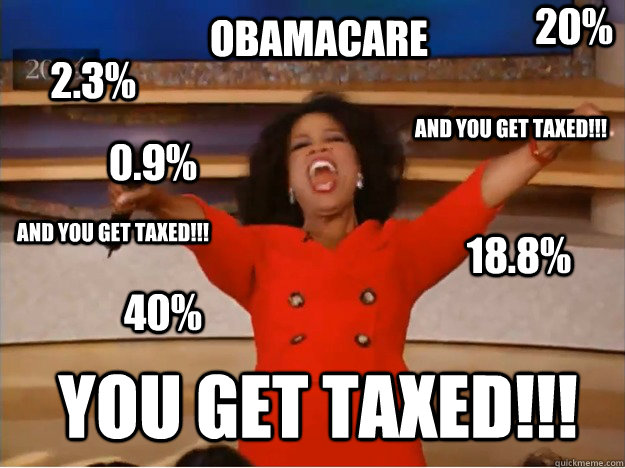 OBAMACARE You get taxed!!! and you get taxed!!! and you get taxed!!! 2.3% 18.8% 40% 20% 0.9%  oprah you get a car