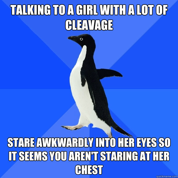 talking to a girl with a lot of cleavage stare awkwardly into her eyes so it seems you aren't staring at her chest  Socially Awkward Penguin