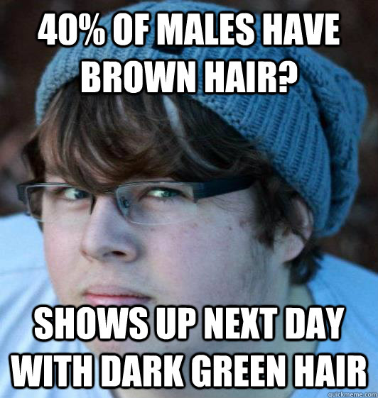 40% of males have brown hair? Shows up next day with dark green hair  