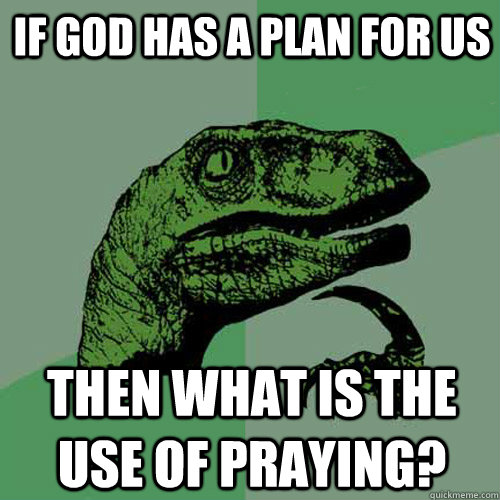 If god has a plan for us Then what is the use of praying?  Philosoraptor