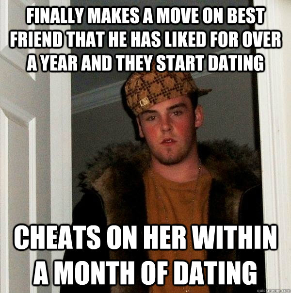 Finally makes a move on best friend that he has liked for over a year and they start dating Cheats on her within a month of dating  Scumbag Steve